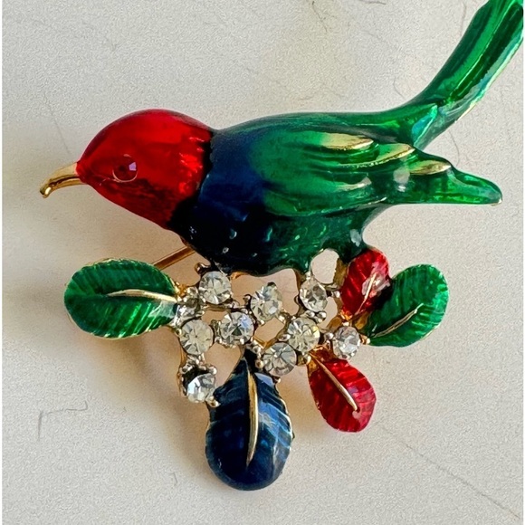Vintage Enamel Rhinestone Bird Brooch Red Blue Green Festive Holiday Christmas - Picture 3 of 7